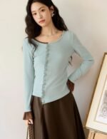Blue knitted long sleeve t shirt, ruffle ege t shirt, flare sleeve t shirt, casual t shirt