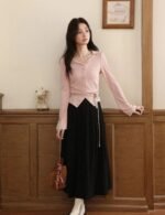 lace trim long sleeve pink t shirt, women’s pink long sleeve t shirt, cozy women’s winter tee, stylish pink t shirt