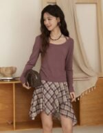 long sleeve halter t shirt, women knitted t shirt, stylish women tee, casual halter tee