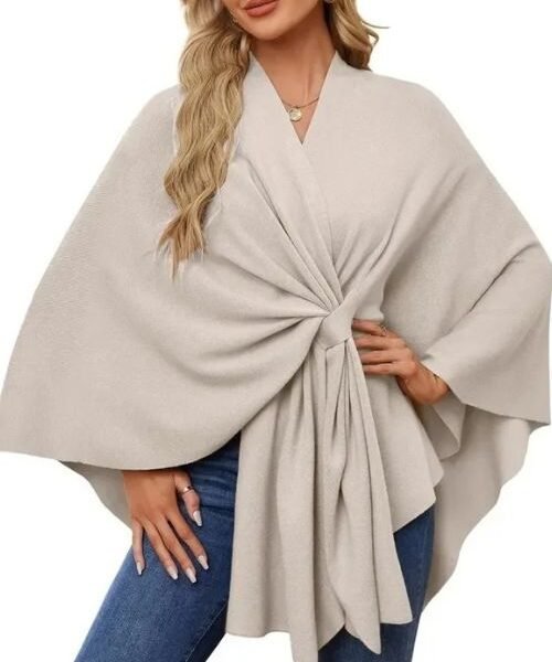 women’s knitted poncho, stylish cross front poncho, knitted sweater poncho, women’s poncho sweater