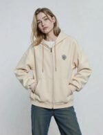 stylish fleece embroidered hoodie, embroidered zip up hoodie, warm loose hoodie, casual floral hoodie for women
