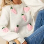 long sleeve pullover sweater, 3D print pullover sweater, round neck pullover sweater, white pullover sweater