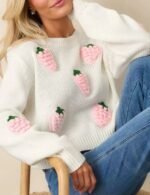 long sleeve pullover sweater, 3D print pullover sweater, round neck pullover sweater, white pullover sweater