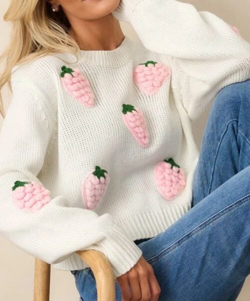long sleeve pullover sweater, 3D print pullover sweater, round neck pullover sweater, white pullover sweater