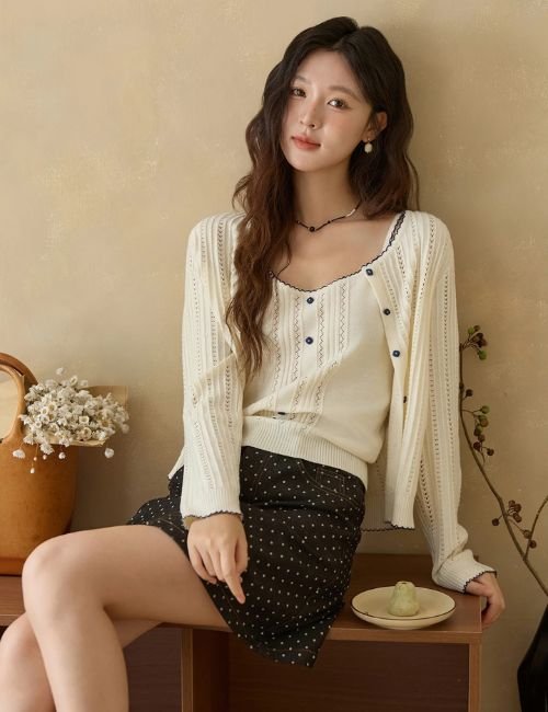 Women’s wool knit cardigan set, 2 piece wool sweater outfit, long sleeve cardigan sweater, camisole vset cardigan set