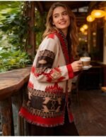 Women’s cardigan sweater, Tassel Patchwork Sweater, V Neck Cardigan Sweater, knitted geometric pattern cardigan sweater