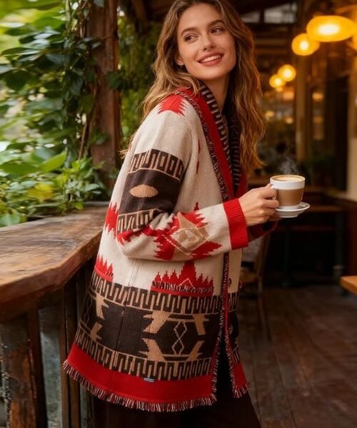 Women’s cardigan sweater, Tassel Patchwork Sweater, V Neck Cardigan Sweater, knitted geometric pattern cardigan sweater