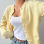 Yellow Round Neck Cardigan Sweater For Women