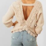 lace v neck knit sweater, women’s pullover sweater, cozy v neck lace sweater, long sleeve sweater