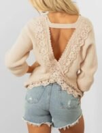 lace v neck knit sweater, women’s pullover sweater, cozy v neck lace sweater, long sleeve sweater
