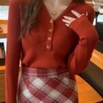 Winter Button Cotton Knitted V Neck Sweater