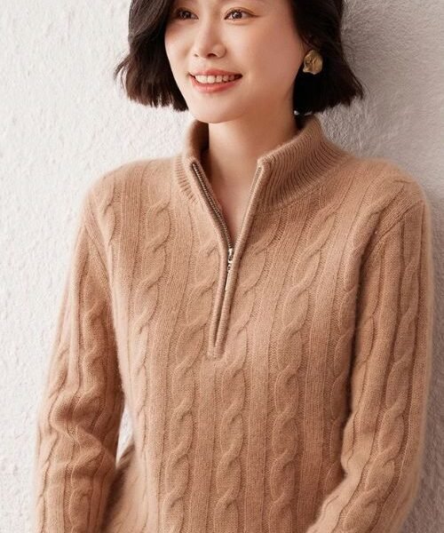 half zip cable knit sweater, cashmere sweater for women, turtleneck sweater for women, winter pullover sweater