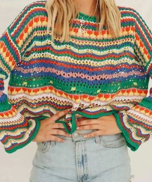 women's chunky knit sweater, hollow out crochet sweater, long sleeve sweater, pullover knitted sweater