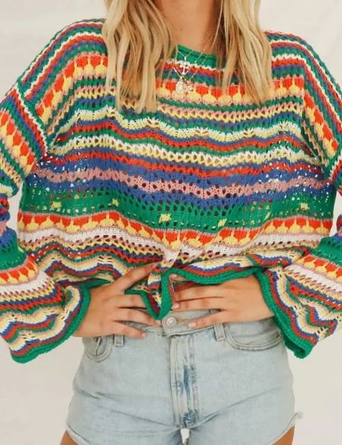 women's chunky knit sweater, hollow out crochet sweater, long sleeve sweater, pullover knitted sweater