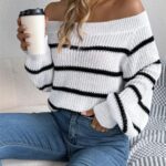 off the shoulder sweater, casual knitted sweater, long sleeve knit sweater, women pullover sweater