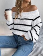 off the shoulder sweater, casual knitted sweater, long sleeve knit sweater, women pullover sweater
