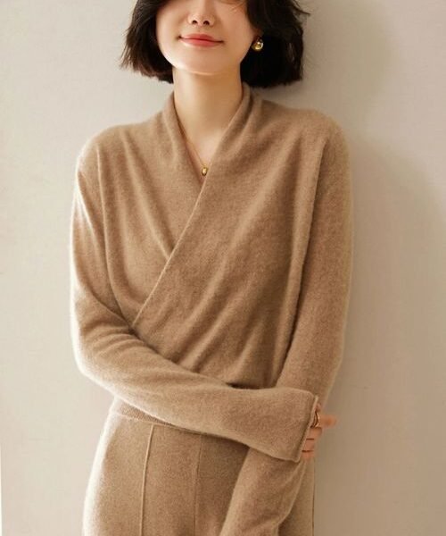 cashmere wrap sweater, women's crossover sweater, pullover knitwear sweater, long sleeve sweater