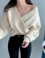 Criss Cross V Neck Cropped Wrap Sweater