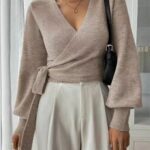 V Neck Lace Up Cardigan Wrap Sweater