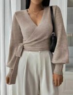 V Neck Lace Up Cardigan Wrap Sweater