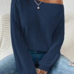 asymmetrical off shoulder sweater, casual pullover sweater, solid color knitted sweater, off shoulder long sleeve sweater