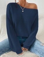 asymmetrical off shoulder sweater, casual pullover sweater, solid color knitted sweater, off shoulder long sleeve sweater