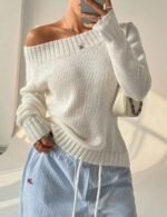 asymmetrical sweater for women, off shoulder sweater, long sleeve pullover sweater, casual knitted sweater