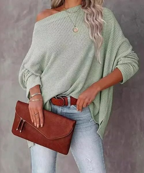 asymmetrical knit sweater for women, off shoulder sweater, long sleeve pullover sweater, casual knitted sweater