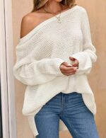 backless asymmetrical sweater, off shoulder sweater, long sleeve pullover sweater, casual knitted sweater