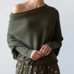 asymmetrical draped sweater, off shoulder sweater, long sleeve pullover sweater, casual round neck sweater sweater