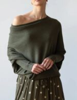 asymmetrical draped sweater, off shoulder sweater, long sleeve pullover sweater, casual round neck sweater sweater