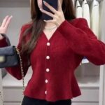 casual knitted peplum sweater, cozy peplum cardigan sweater, long sleeve peplum knit cardigan, slim fit peplum sweater
