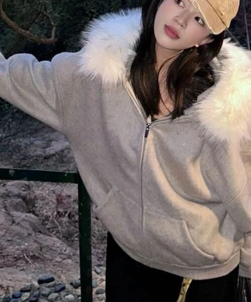 Women's Gray Loose Fur Zip Up Hoodie
