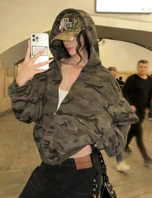 Lightweight Women’s Camouflage Zip Up Hoodie women’s camo zip up hoodie, stylish camo long sleeve hoodie, women’s camouflage hoodie, urban camo zip up sweatshirt hoodie