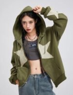 retro y2k star hoodie, vintage zip up hoodie with star print, y2k streetwear hoodie, oversized star print hoodie