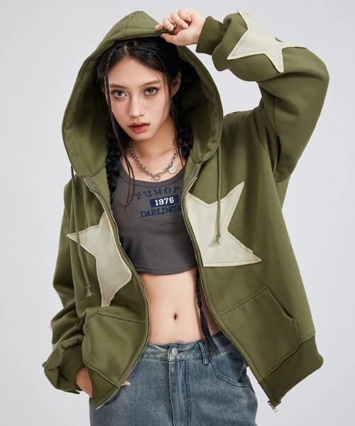 retro y2k star hoodie, vintage zip up hoodie with star print, y2k streetwear hoodie, oversized star print hoodie