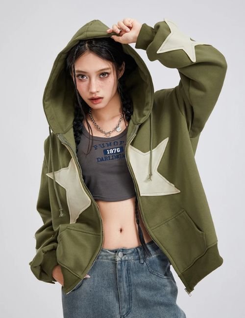 retro y2k star hoodie, vintage zip up hoodie with star print, y2k streetwear hoodie, oversized star print hoodie