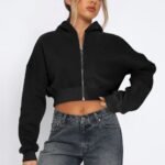 Zip up cropped hoodie in soft fleece, Trendy women’s fleece zip up hoodie, women’s cropped hoodie, Comfortable fleece hoodie for women, Warm fleece zip up hoodie for women