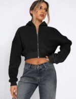 Zip up cropped hoodie in soft fleece, Trendy women’s fleece zip up hoodie, women’s cropped hoodie, Comfortable fleece hoodie for women, Warm fleece zip up hoodie for women
