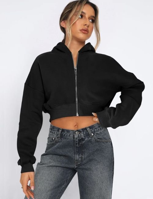 Women’s Casual Fleece Zip Up Hoodie Zip up cropped hoodie in soft fleece, Trendy women’s fleece zip up hoodie, women’s cropped hoodie, Comfortable fleece hoodie for women, Warm fleece zip up hoodie for women