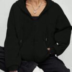 Solid color fleece zipper hoodie, Casual oversized hoodie with zipper, Black oversized fleece zipper hoodie, Red fleece zipper hoodie for layering
