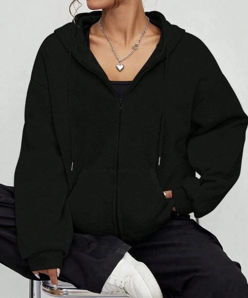 Solid color fleece zipper hoodie, Casual oversized hoodie with zipper, Black oversized fleece zipper hoodie, Red fleece zipper hoodie for layering