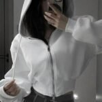 stylish white cropped hoodie for women, comfy casual hoodie for women, cozy casual white cropped hoodie, cropped zip up hoodie