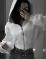 stylish white cropped hoodie for women, comfy casual hoodie for women, cozy casual white cropped hoodie, cropped zip up hoodie