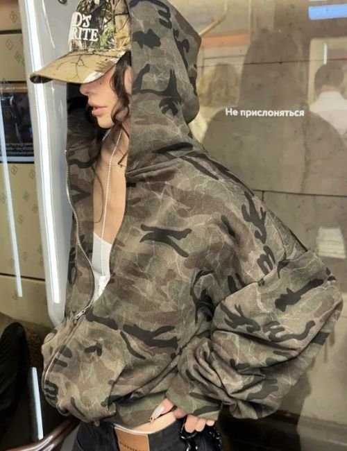 Lightweight Women’s Camouflage Zip Up Hoodie stylish camo long sleeve hoodie
