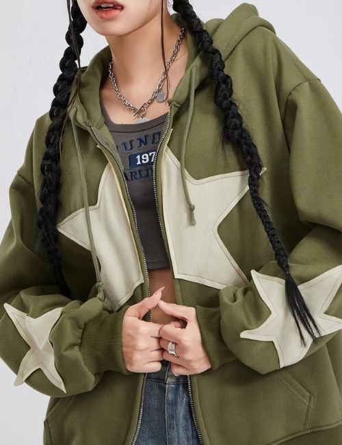 Retro Y2K Star Print Hoodie vintage zip up hoodie with star print
