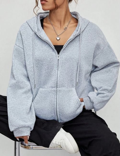 Solid Color Oversized Hoodie For Women Grey solid color fleece zipper hoodie