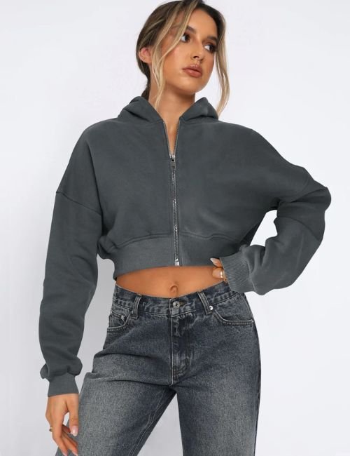 Women’s Casual Fleece Zip Up Hoodie Cropped fleece hoodie for casual wear