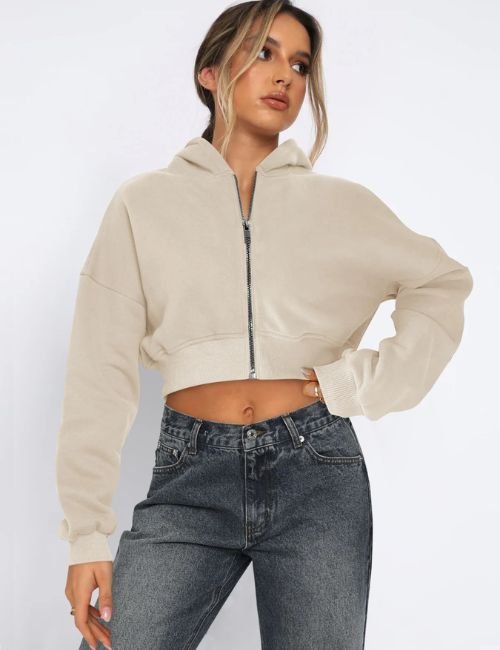 Women’s Casual Fleece Zip Up Hoodie Zip up cropped hoodie in soft fleece