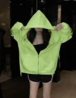 neon green letter print zip up hoodie for women